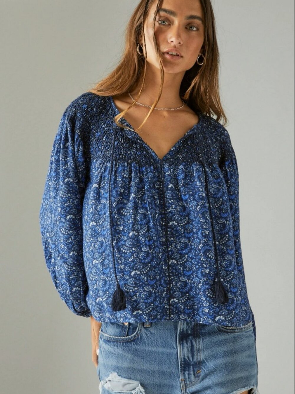 Lucky Brand Peasant Blouse Small Blue/White Floral